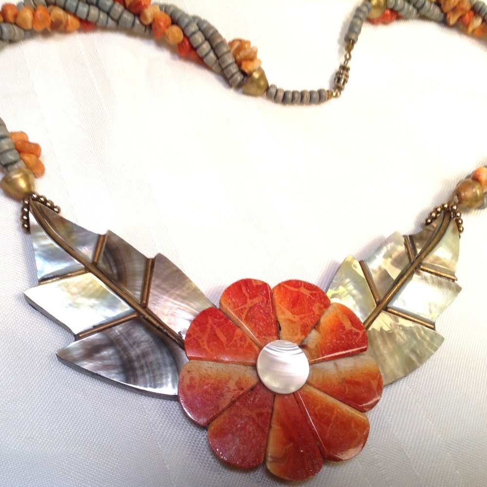 Lee Sands Mother of Pearl Flower Necklace , 23"L